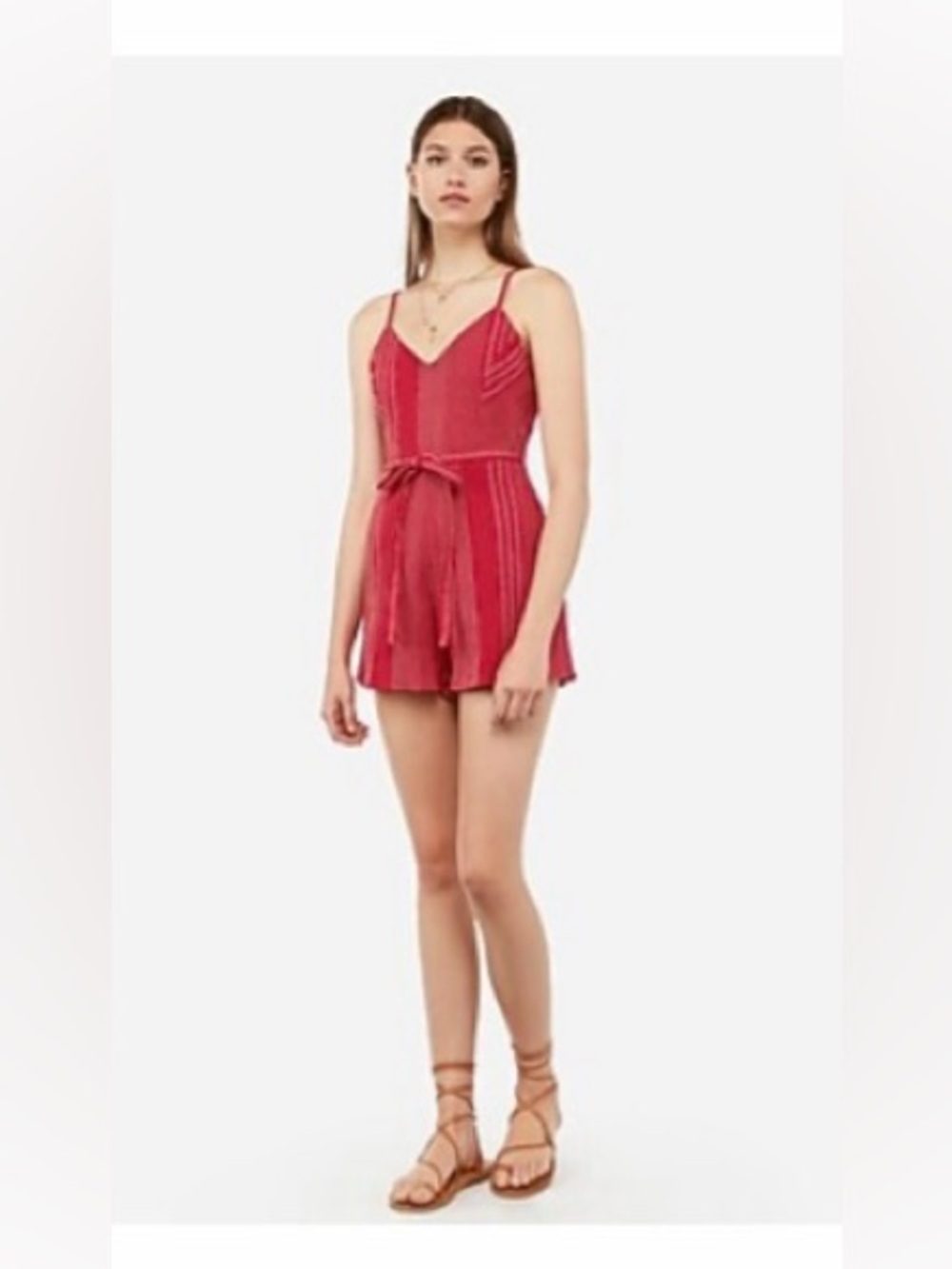 NWOT Express Stitched V-Neck Cami Romper in Red White Size Small Women’s